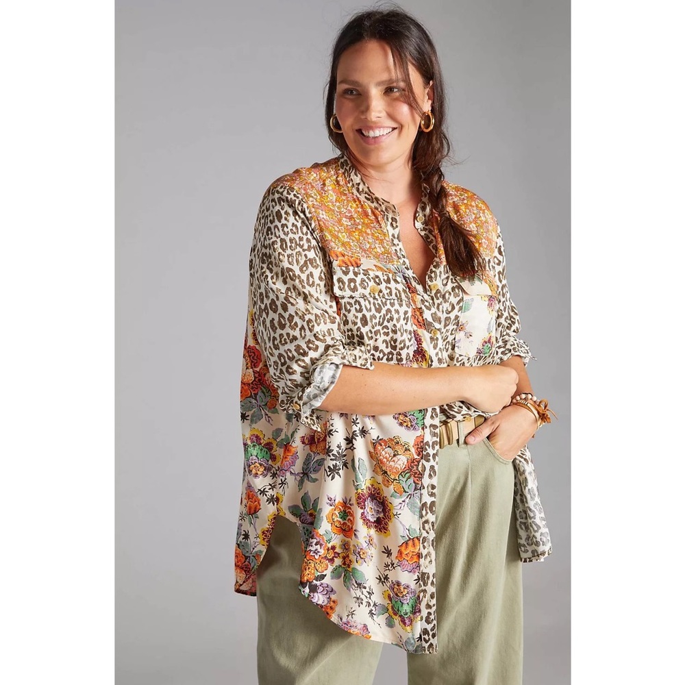 Anthropologie Pilcro Relaxed Tunic Button Down in Leopard & Floral Print